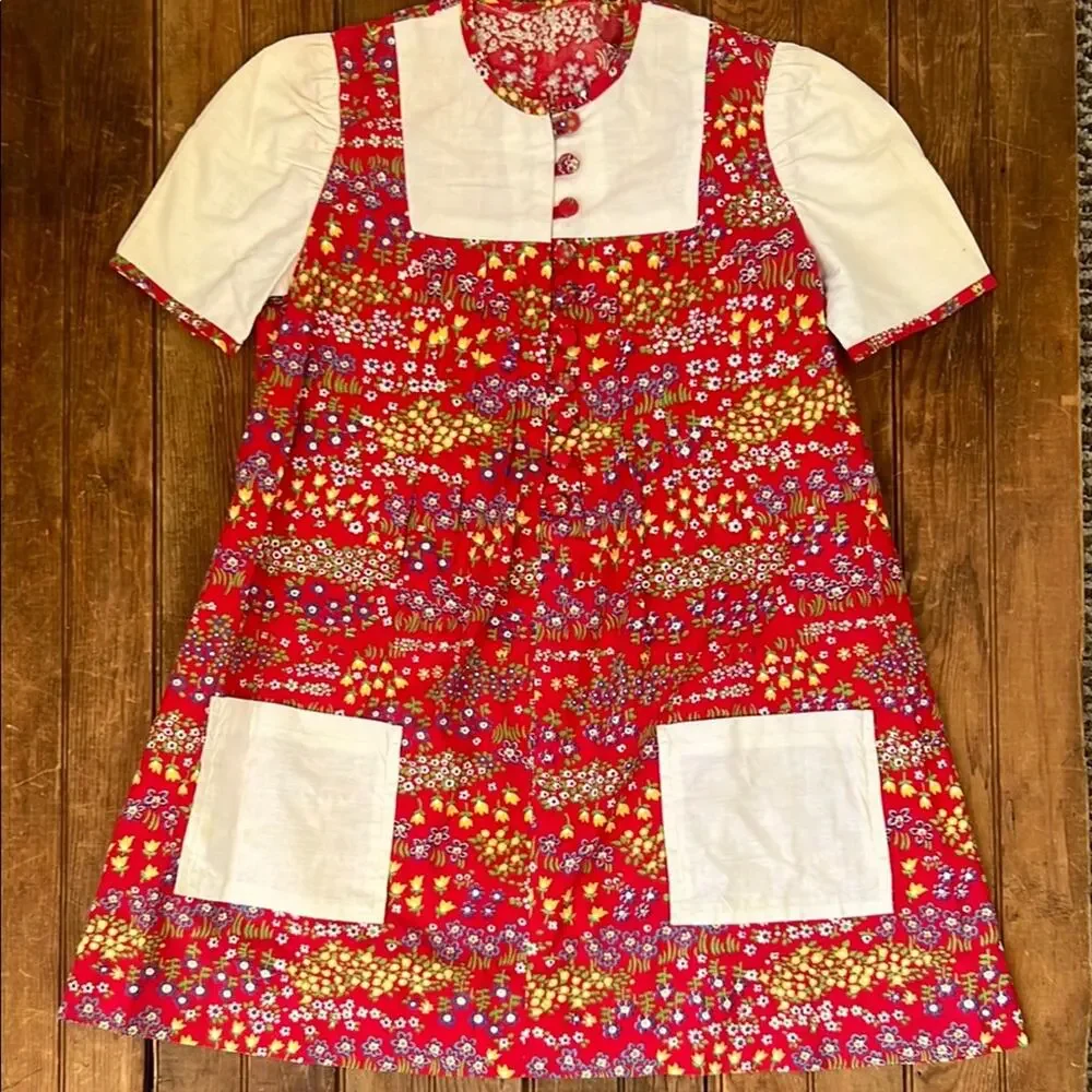 Girls Vintage 70’s Dress Floral short sleeve Home made Red size medium